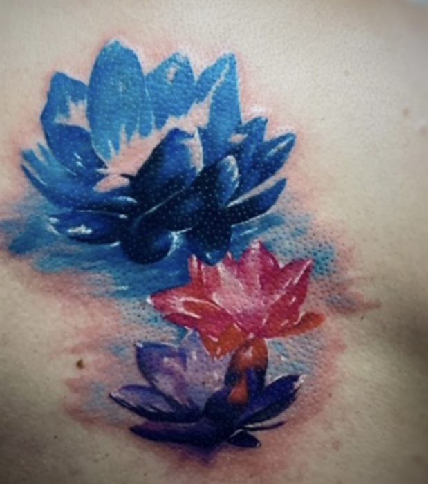 Blue and pink watercolour lotus flowers