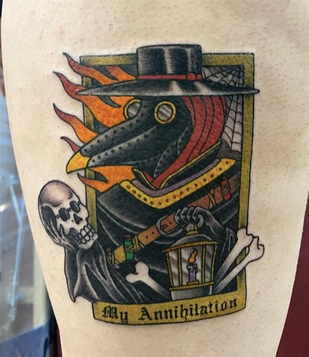 Crow in a top hat with a My Annihilation banner