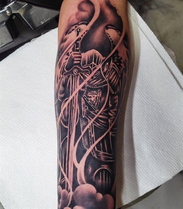 Black and grey sleeve with roses and a clock face