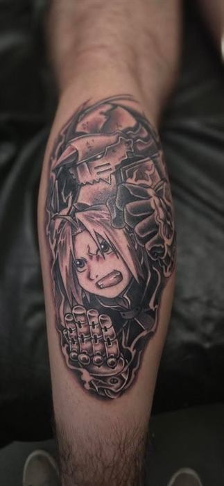 Manga characters on the calf in black and grey